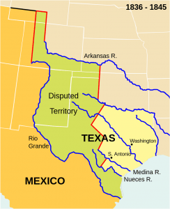 The Republic of Texas. The present-day outlines of the U.S. states (white lines) are superimposed on the boundaries of 1836–1845.