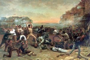 The Fall of the Alamo by Robert Jenkins Onderdonk, depicts Davy Crockett wielding his rifle as a club against Mexican troops who have breached the walls of the mission.