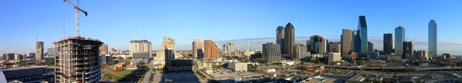 Panoramic view of downtown Dallas’ skyline from Dallas Victory Hotel in Victory Park