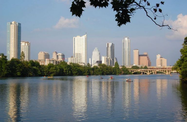 View of Lady Bird Lake towards downtown Austin