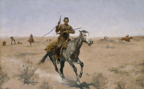 An artwork titled “The Flight” by Frederic Remington depicting people on horseback riding through a desert landscape.