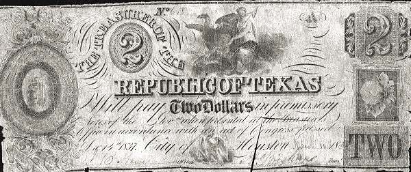 A $2 banknote issued by the Treasurer of the Republic of Texas