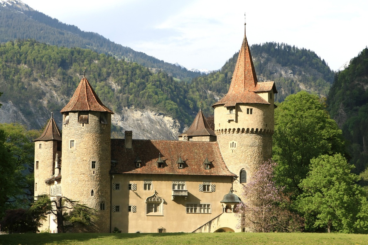 Castle in front of a mountain scenery