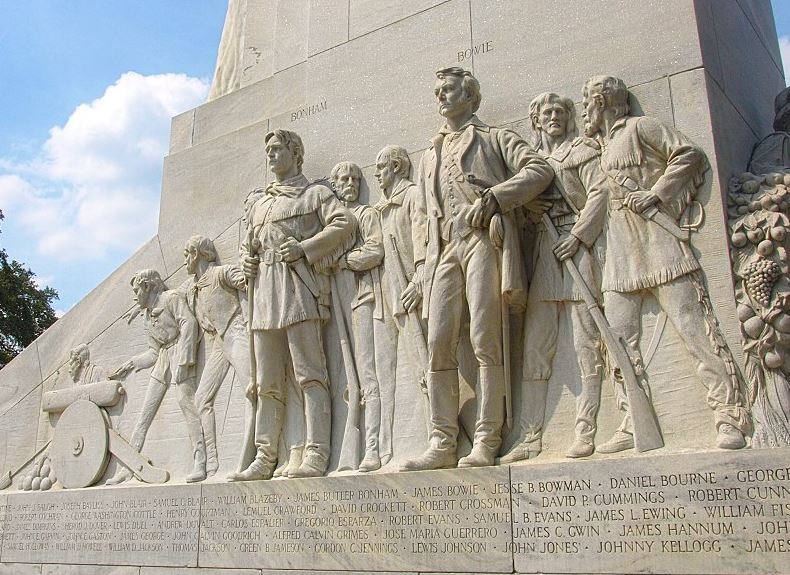 a closeup of a cenotaph memorial of the Alamo defenders