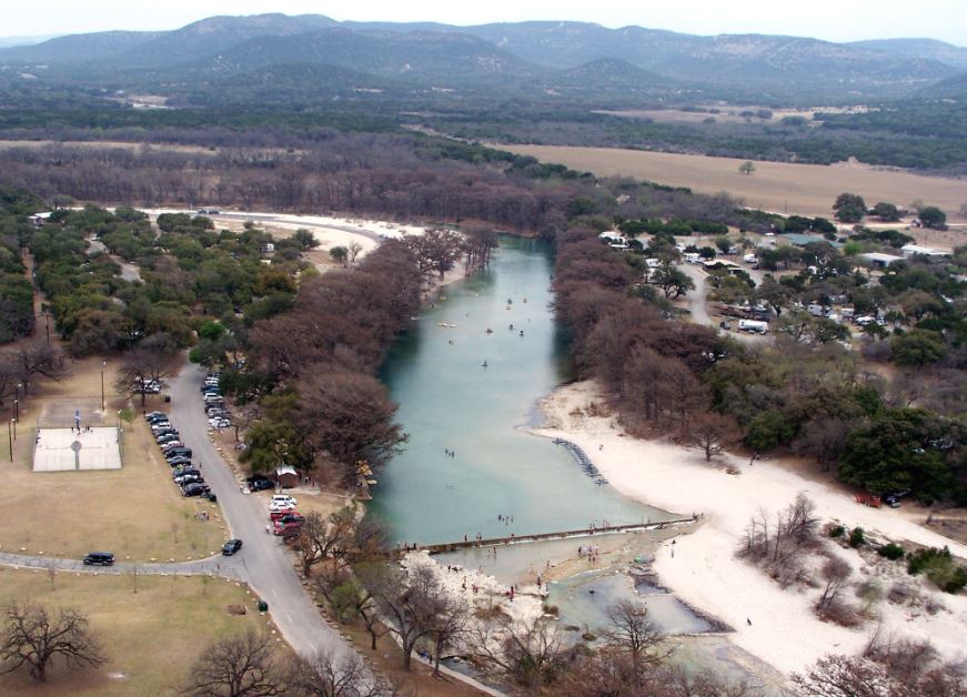aerial view of the Frio River in Garner State Park