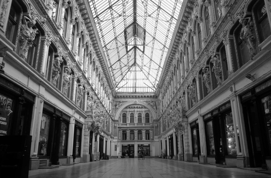interior of a vast building in black and white