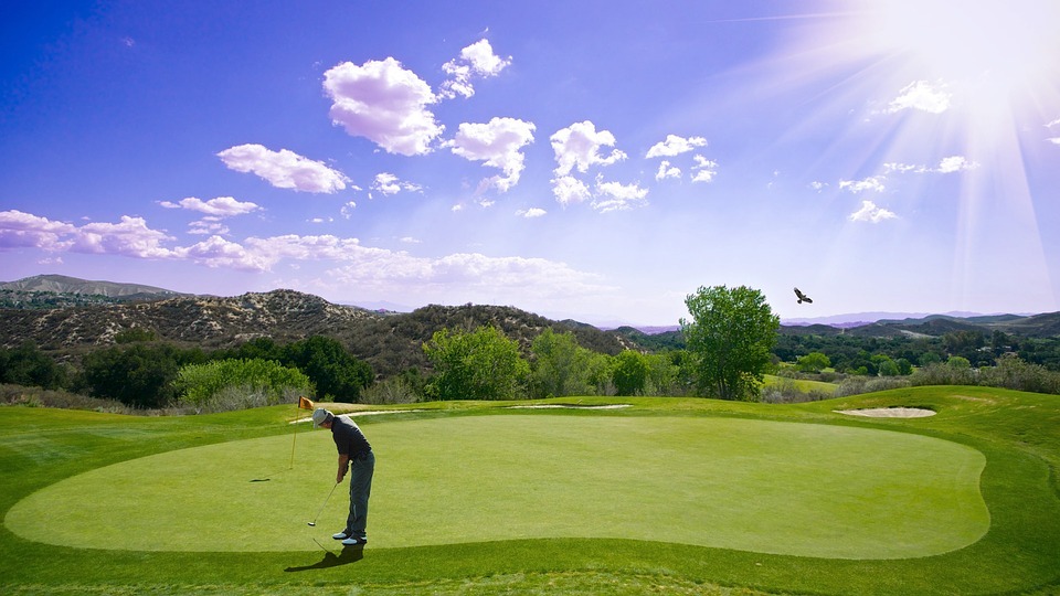 a man playing golf at a the course with the sun shining and a bird flying