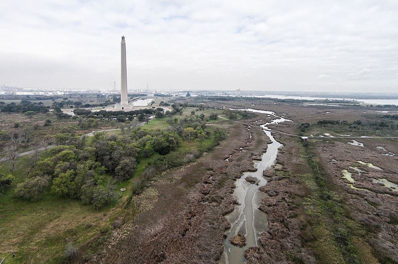 a UAV view of the San Jacinto Battlefield site and Texas Monument
