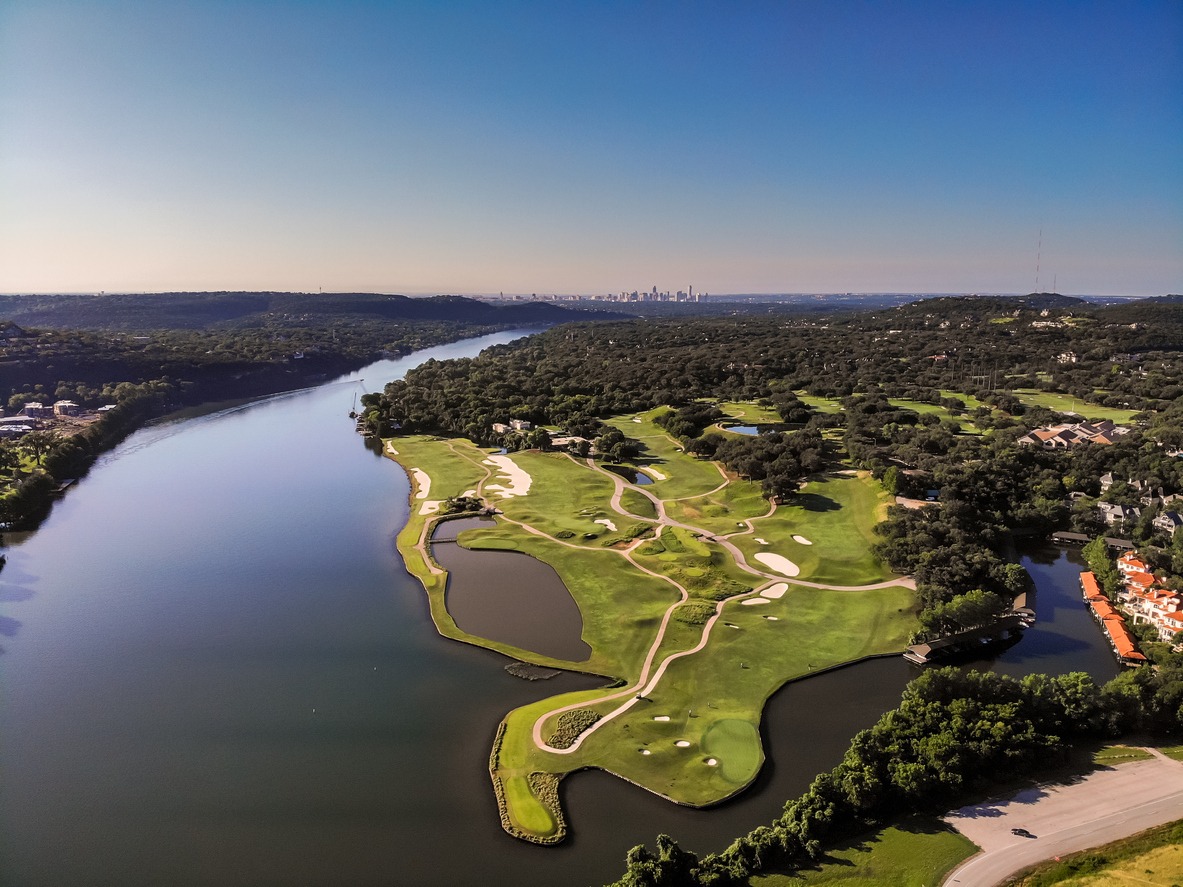 View of Golf Course From the Air With Downtown Austin in the Background