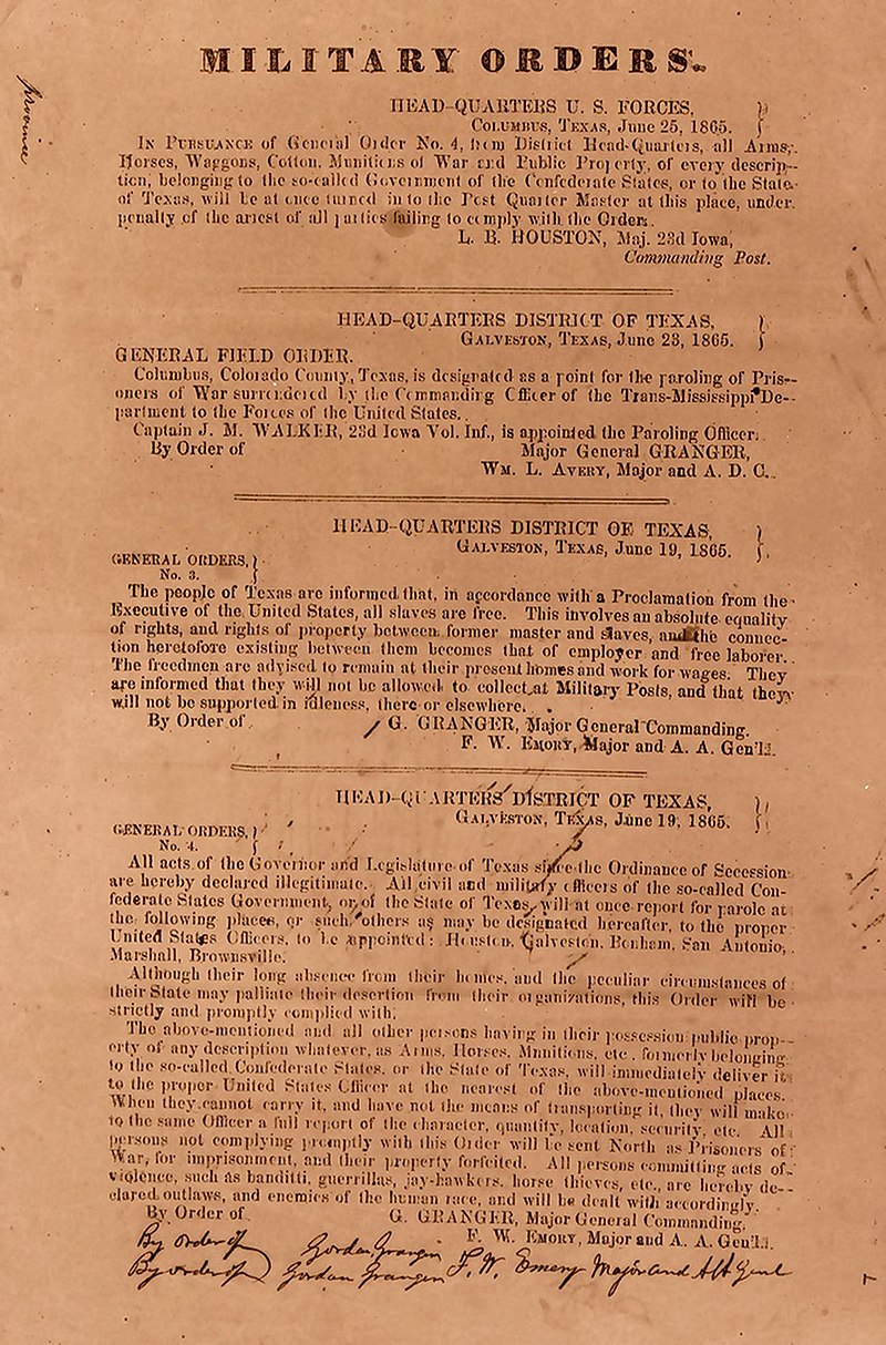 General Order No. 3 on paper, June 19, 1865