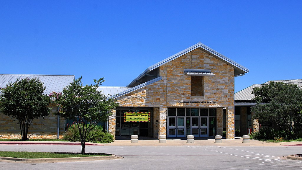 the main entrance to Dripping Springs High School in Dripping Springs
