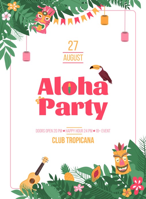 Invitation poster for Hawaiian Aloha Party cartoon vector illustration.