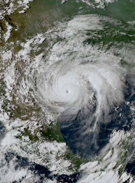 A satellite image of Hurricane Harvey near the coast of Texas at peak intensity late on August 25, 2017.