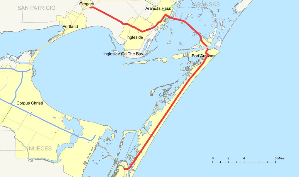An aerial map of the miles of coastlines of Port Aransas. 