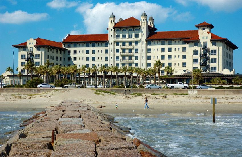 The Galvez Hotel and the beach shore at Galveston Island, Texas
