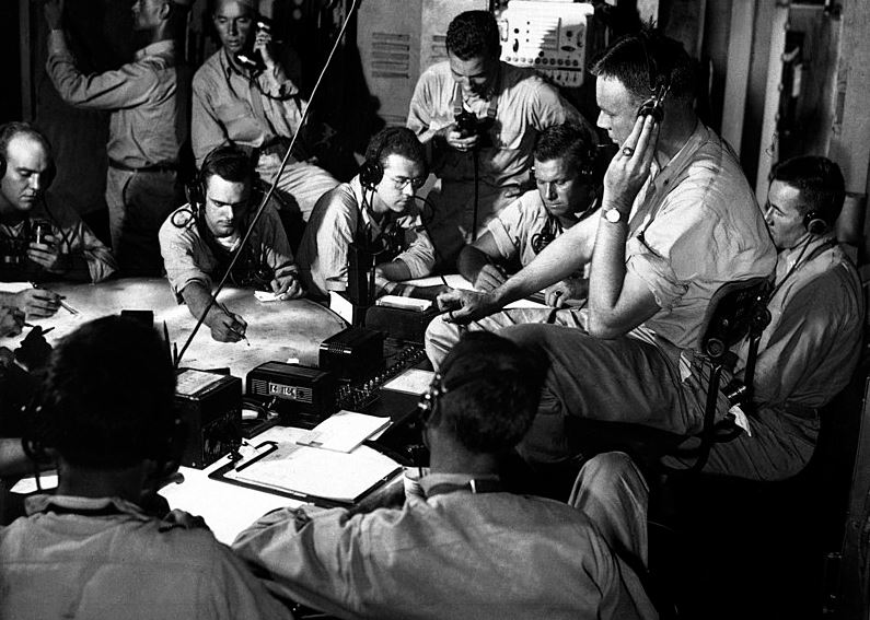 The chart room on board USS Lexington during a strike on the Gilbert and Marshall Islands, December 1943