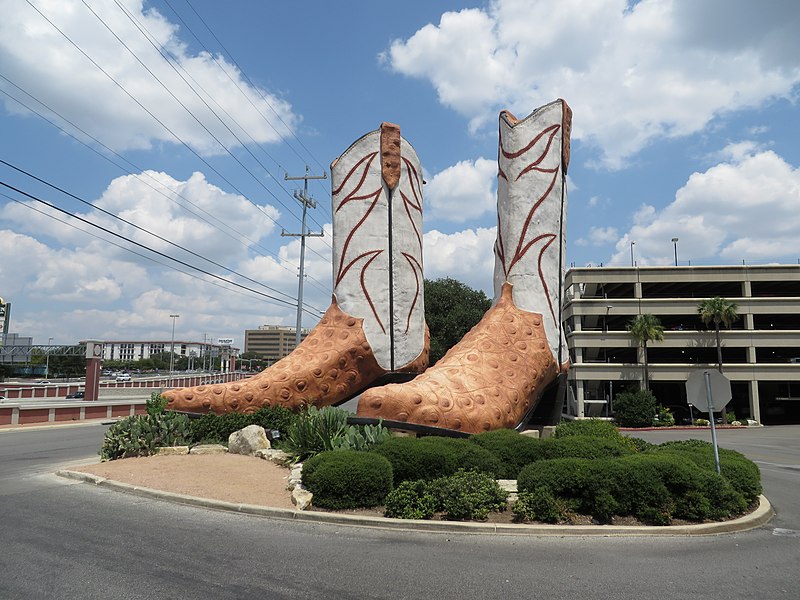 Big cowboy boots located on I-410 Access Road (East) at the north entrance of the North Star Mall