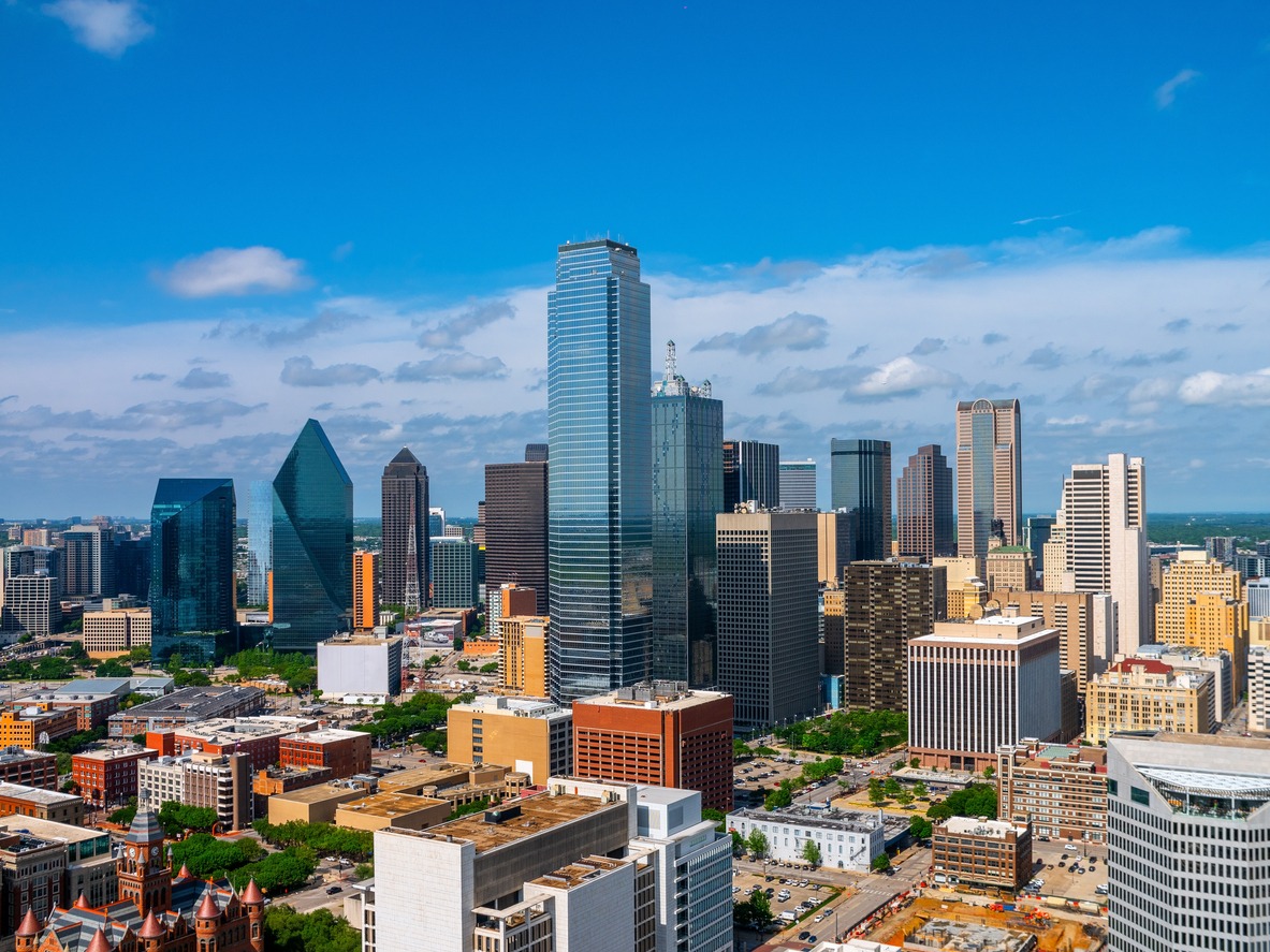 Bird’s eye view of urban Dallas with major roads