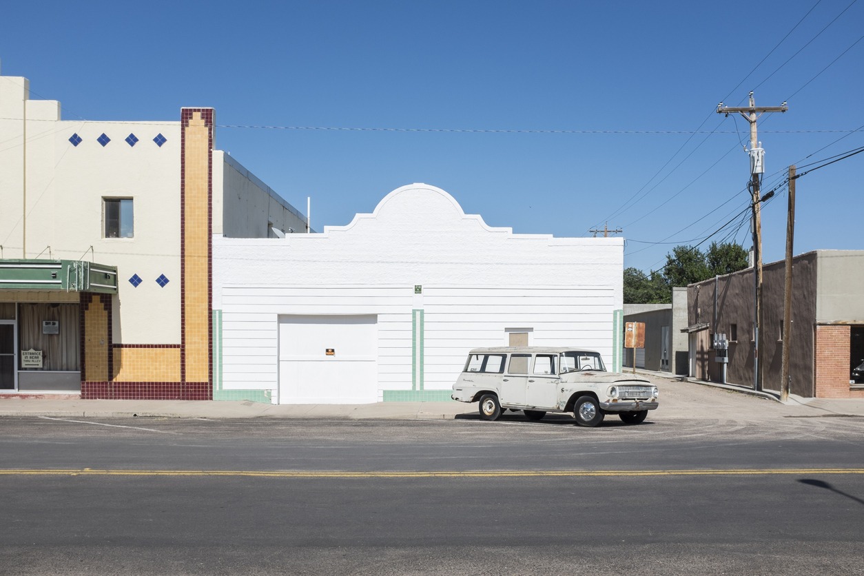 car parked outside a house in Marfa, Texas