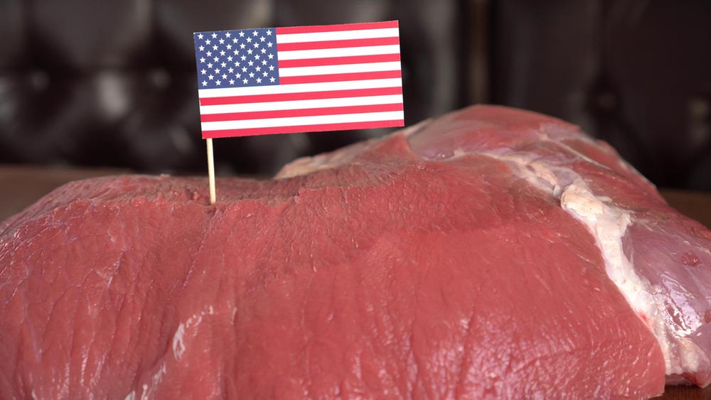 Raw beef meat with a US flag