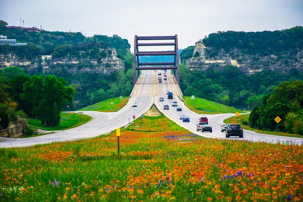 Texas Highway 360 Bridge Pennybacker Bridge with wild flowers
