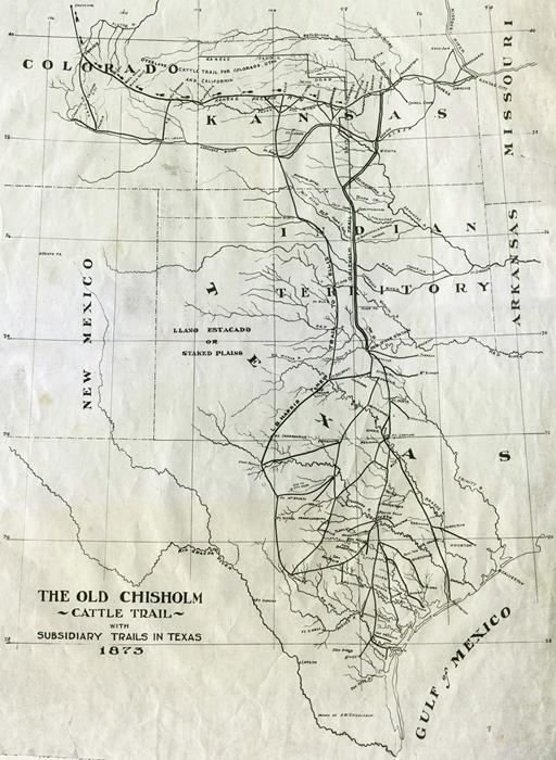 1873 Map of Chisholm Trail with subsidiary trails in Texas