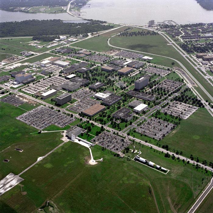 An aerial view of the complete Johnson Space Center facility in Houston, Texas
