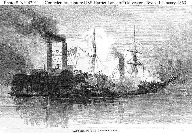 Confederate gunboat Bayou City captures USS Harriet Lane during the Battle of Galveston, Texas