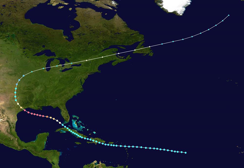 Map plotting the storm's track and intensity, according to the Saffir–Simpson scale
