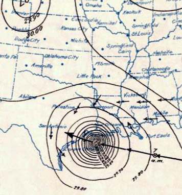 Surface weather analysis of the 1900 Galveston hurricane on September 8, just before landfall