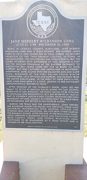 Texas historical marker for Jane Long