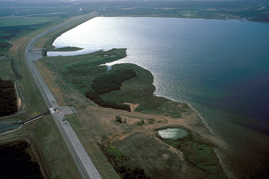 Aerial view of Joe Pool Lake and Dam