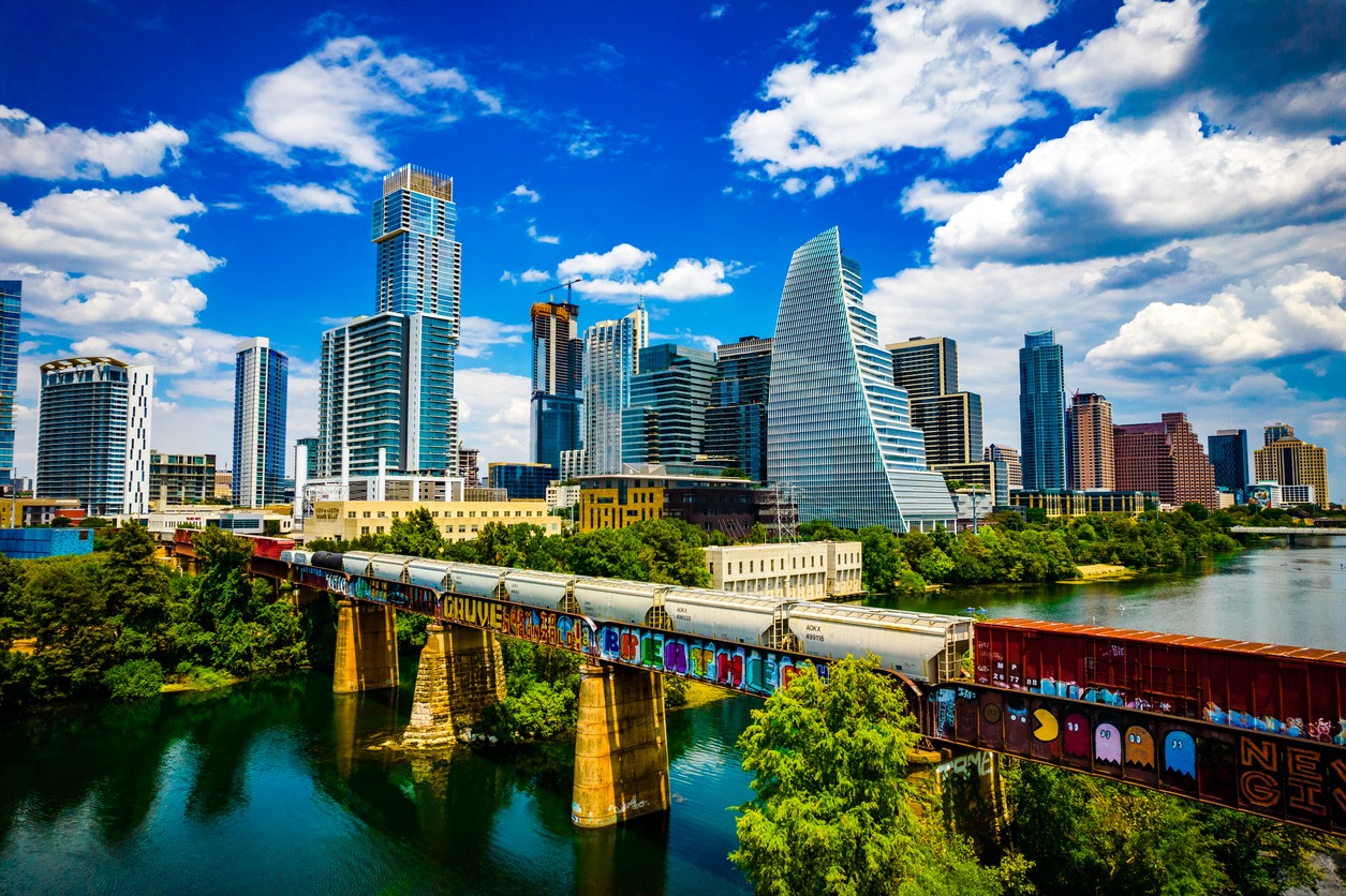 aerial drone view of Austin along the Colorado River