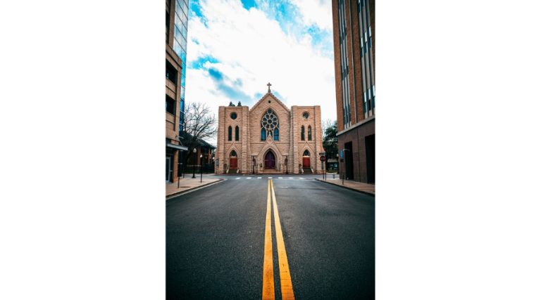 Saint Patrick Cathedral in Fort Worth viewed a street