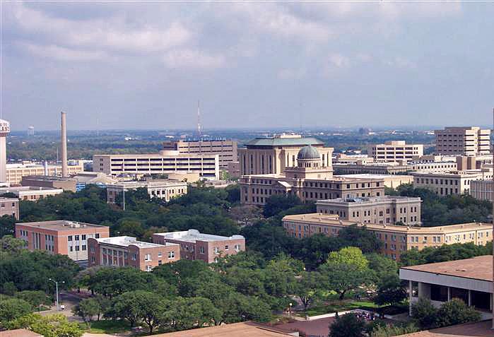 A view of the main campus, looking north from Kyle Field