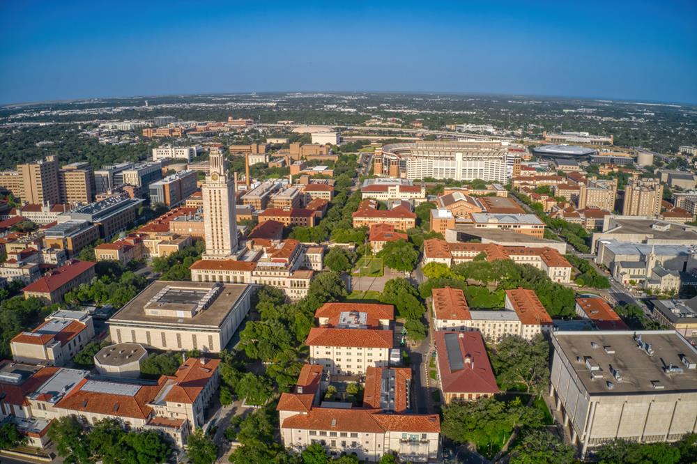 University of Texas (UT) Austin campus at sunset aerial view