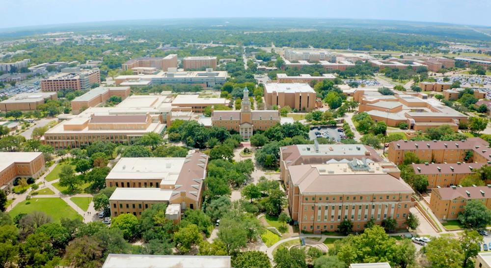 Aerial view of about a quarter of the main UNT campus