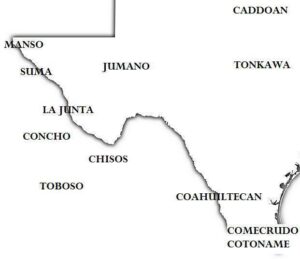 The approximate location of indigenous tribes in western Texas and adjacent Mexico