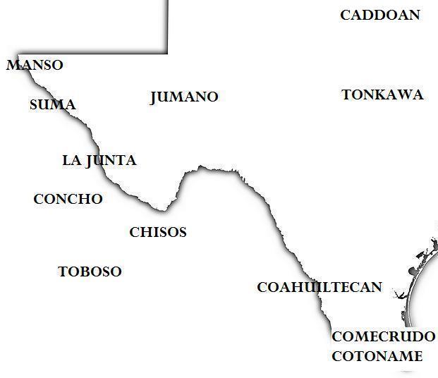 The approximate location of indigenous tribes in western Texas and adjacent Mexico