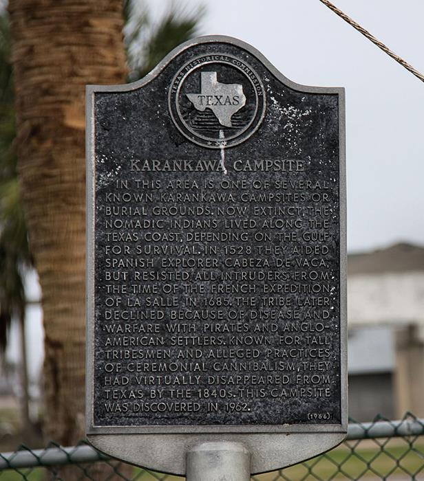 Karankawa Indian campsite and burial ground historical marker located in Jamaica Beach on the west end of Galveston Island