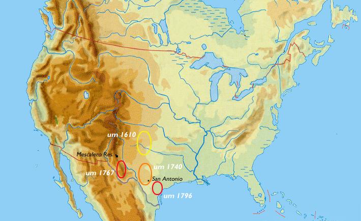 Map with locations of Lipan Apache territory in the 17th and 18th centuries